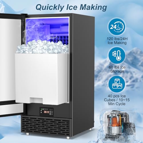 Image of Commercial Ice Maker Machine 120 LBS /24H, 60 LBS Cold Preservation Bin for 4-6H, Undercounter Ice Maker Stainless Steel, 40 Ice Cubes /8-15 Min Ice Machine, Set Ice Thickness, 24H Timer for bar, Cafe