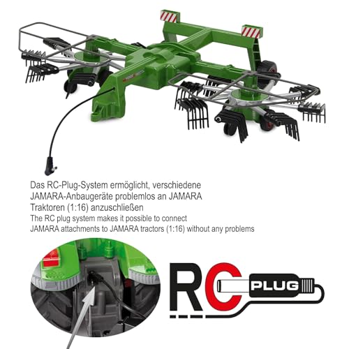 JAMARA 412589 - Fendt Former für RC Fendt Traktor 405035 - rotierende Zinken während des Fahrbetriebs, ferngesteuerte hochklappbare Auslegerarme, Anhängerkupplung vorne, grün