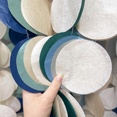 Image of 205 Ft Sage Green Dusty Blue Khaki Beige Circle Dot Backdrop Garland Tissue Paper Polka Dots Hanging Streamer for Birthday Wedding Silly Goose Themed Party Decorations Supplies