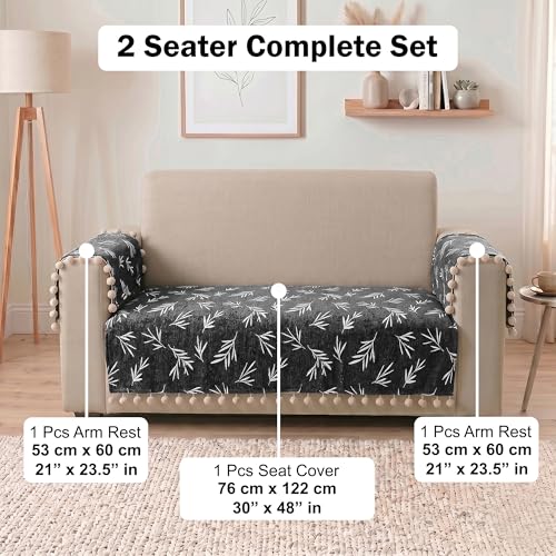 Image of Story@Home Chenille Sofa Cover 2 Seater (76x122Cm) & Arm Rest Covers | Anti Slip Sofa Mat for 1 /2 /3 Seater & L Shape Sofa Cover | Measure Your Sofa & Create Your Own Customized Set - Slate & Snow