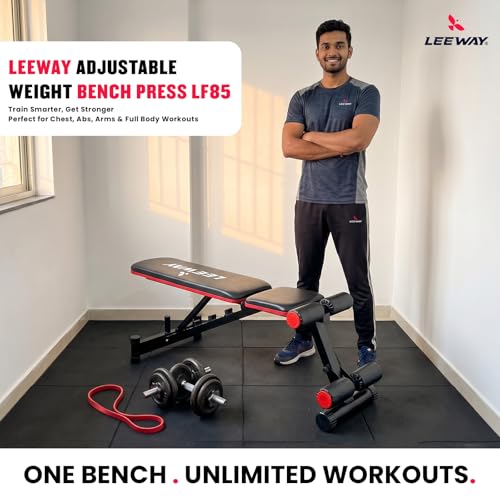 Image of Leeway LF85 Adjustable Bench Press for Home Gym Setup Chair | Foldable Workout Gym Bench for Home with Incline Decline Flat, Multipurpose Exercise Fitness Equipment | Strength Training Table (Black, Bench LF85, 1)