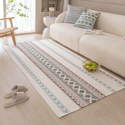 Gualiy Alfombra de salón lavable, pequeña 65 x 90 cm, algodón y lino, diseño geométrico, color azul claro
