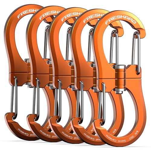 FresKaro 1kN Swivel Carabiner Clips, Heavy Duty Double-Ended Wire gate Carbineers, Small Non Locking Carabiners, Key and Keychain Karabiner, Strong Aluminum Clip for Hanging, Orange, 5pcs