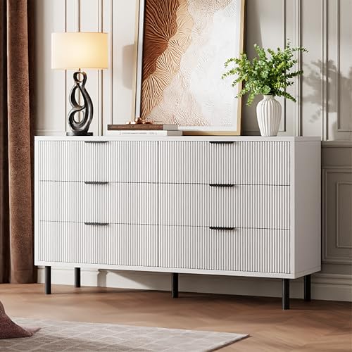GarveeHome White Fluted 6 Drawer Dresser, Wide Wood Double Dresser with Metal Legs and Handles, Modern Chest of Drawers with Anti-Tipping Design for Bedroom Living Room Hallway