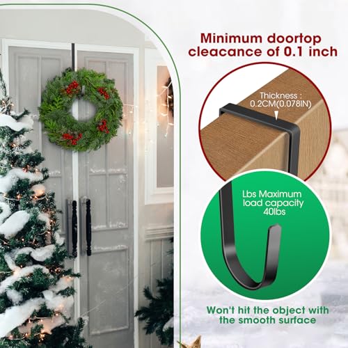 Wreath Door Hanger 2 Pack, Garland Wreath Hangers for Front Door, Outdoor Tall Wreath Hook for front door decorative, Upgrade Wreath Hanger Halloween Christmas Fall Wreaths Decorations Hooks, Black