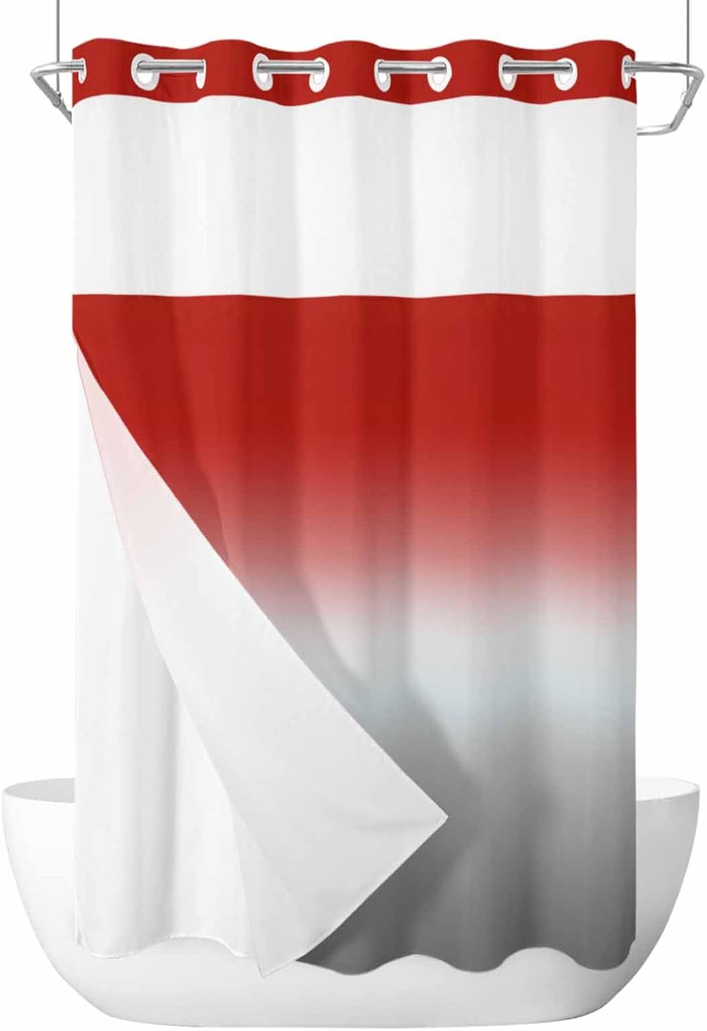 SEVENBABU Ombre Red Grey No Hook Shower Curtain with Snap in Liner Waterproof Fabric Shower Curtain Set for Bathroom Abstract Gradient Red Gray Shower Curtain with See Through Top Window 36"x72"