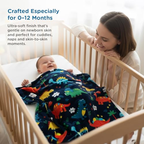 Image of Mee Mee Soft Single Layer Lightweight Flannel Baby Blanket with Dinasour Printed - Comfort and Warmth for Newborns (75 cm x 100 cm) 0-12 Months (Navy Blue)
