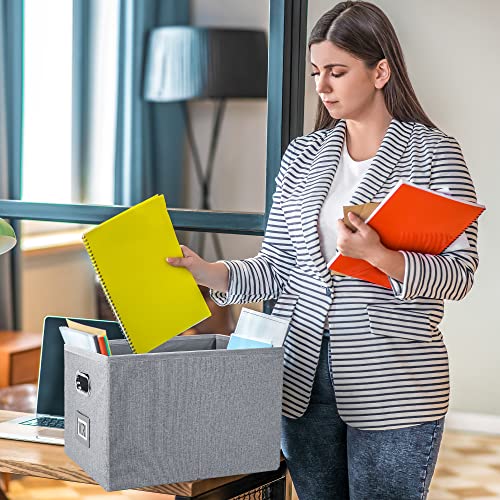 File Box Storage Organizer With Lid Notebook + 3 Hanging File Folders One Set Collapsible Linen Filing Office Organization Cabinet Letter/Legal Folder Size, Gray #TOP5