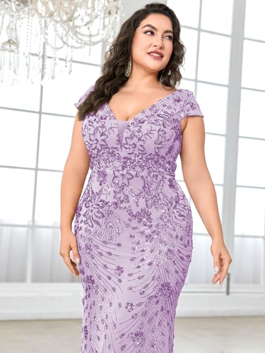 Image of Plus Size Womens Sequined Long Evening Gown Glamous Sleeveless V-Neck Mermaid Prom Dress for Wedding Party