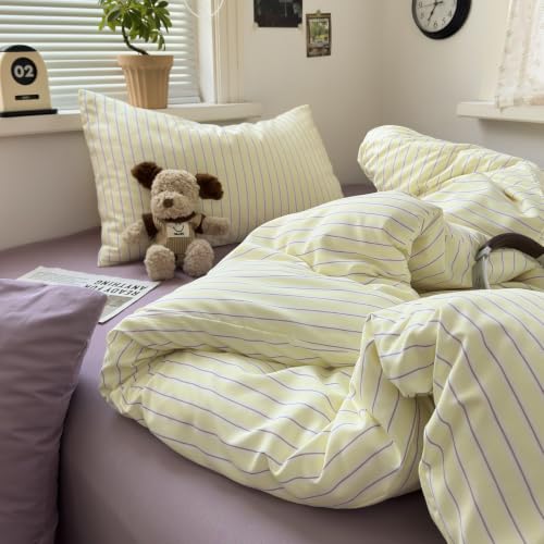 Image of MKXI Twin XL Size Yellow Purple Striped Duvet Cover Set - 3 Piece Vintage Retro Bedding, Lightweight Breathable Comforter Cover, Joyful Style Bedroom Decor with Zipper Closure