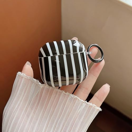 Image of MINSCOSE for AirPods 4 Case,Cute Striped Aesthetic Pattern Design with Trendy Keychain Ring,Soft TPU Protective Shockproof Cover with Cleaner Kit for Girls Women for Airpods 4-Black