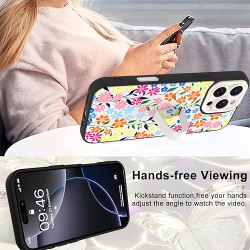 Image of for iPhone 16 Pro Case with Finger Strap Holder, Cute Colorful Floral Flower Print Pattern Design for Women Girls, Shockproof Anti Scratch Hand Kickstand Protective Cover, White