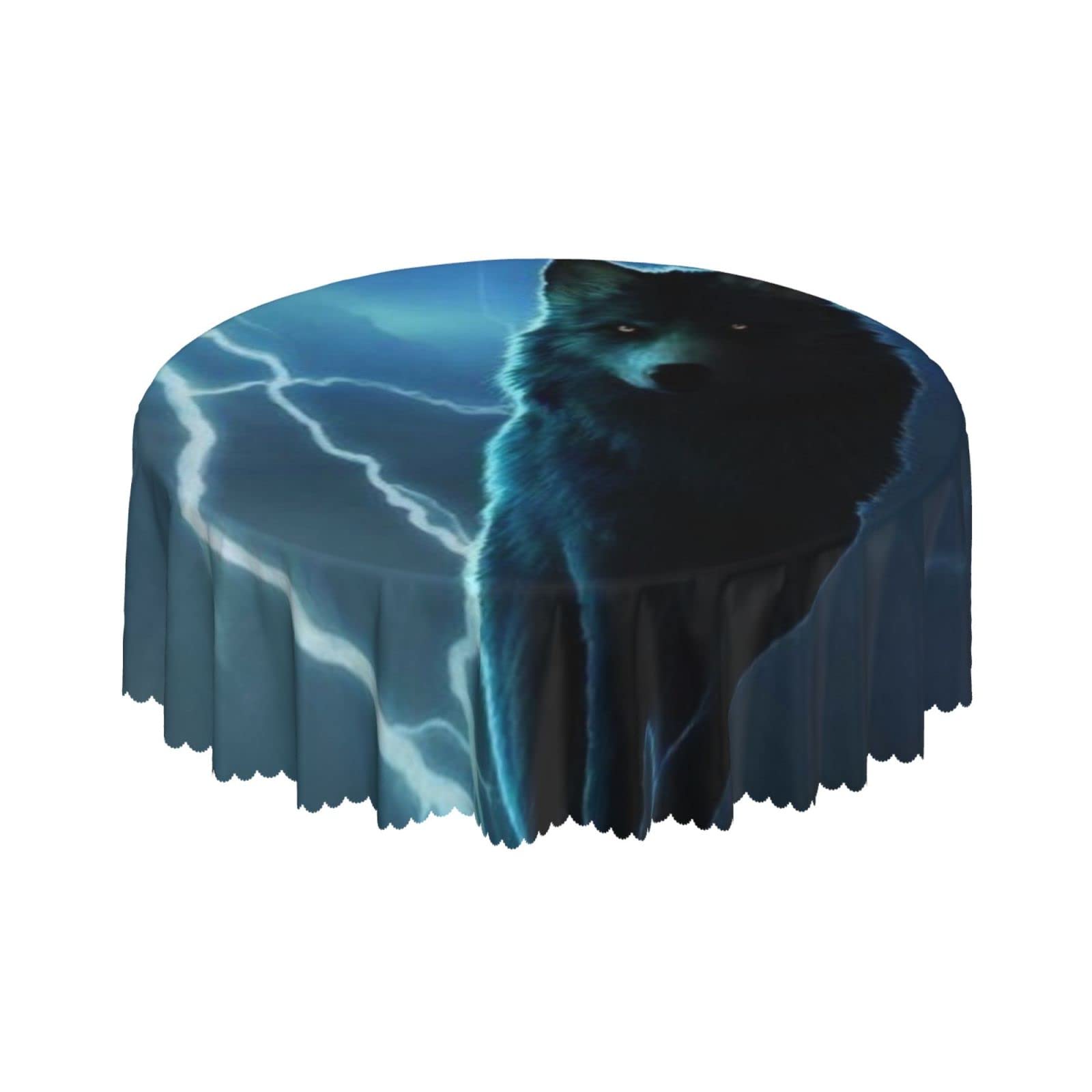 Lsjuee Wolf Night Lightning Black Round Tablecloth 60 Inch Printed Washable Tablecloth for Dining Party Holiday Fall Home Decorative