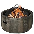 Outsunny Outdoor Fire Pit, 18 Inch Metal Wood Burning Fireplace with Spark Cover, Poker, Woodgrain Design for Patio, Picnic, Backyard, Dark Brown