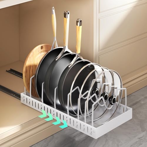 Organizador de ollas y sartenes debajo del gabinete, soporte para tapa deslizante y estante para sartenes en la cocina, almacenamiento interior del gabinete para tapa de olla,...