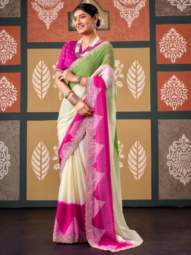 Image of SIRIL Women's Chiffon Bandhani Printed Saree, Sequence Embroidery Border