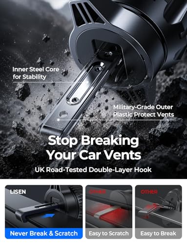 Image of LISEN Car Phone Mount, Phone Holders for Your Car [Thick Cases Friendly] Car Vent Phone Holder & Metal Hook Truck Jeep Accessories for iPhone 17 Air Pro Samsung Google and All 4-7'' Phone