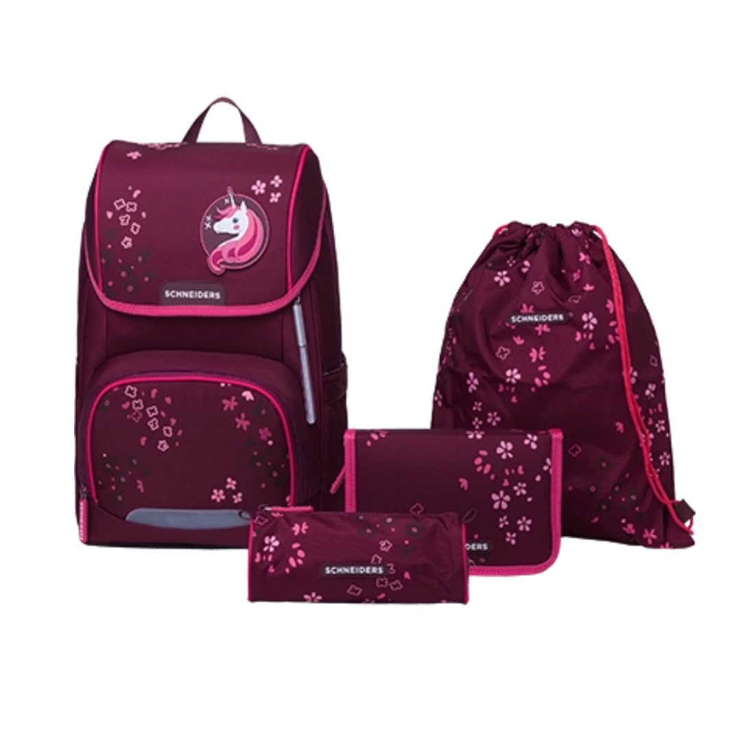 Schneiders Ergojet Schultasche Set Floral Fantasy (6-teilig) – Wandelbarer Mädchen-Schulranzen Einhorn, LED-Licht, ergonomisch & nachhaltig, leicht (990g), Schule & Freizeit, 21L, Bordeaux-Rot