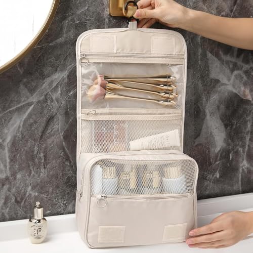 Image of Travel Toiletry Bag with Hanging Hook, Waterproof Cosmetic Organizer Pouch, Foldable Makeup Storage Case with Mesh & Transparent Compartments, Portable Travel Accessories Bag (Beige Beige)