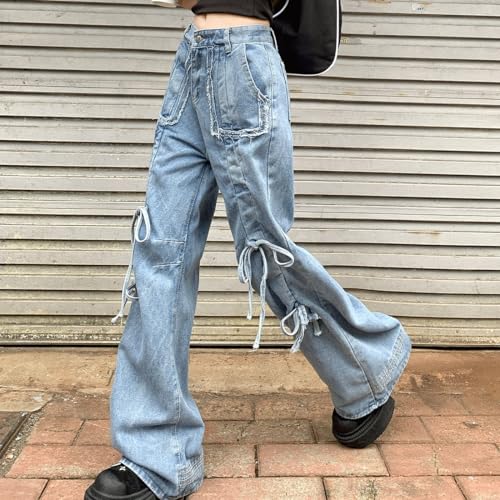 Y2K Gothic Kawaii Casual Style High Waisted Loose Wide Legs Vintage Distressed Jeans Drawstring Denim Pants3