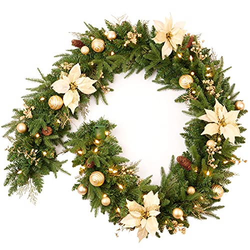 AMERZEST Pre-lit 9ft Christmas Garland with Gold Berries and Balls,Pine Cone,Golden Flower...