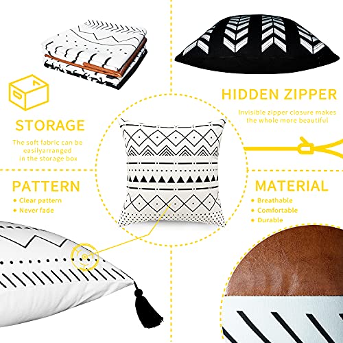 Qianhed Boho Throw Pillow Covers 18 X 18 Set Of 4, Modern Geometric Farmhouse Pillowcases Black And White Faux Leather And Linen Cushion Case For Home Couch Decor #TOP1