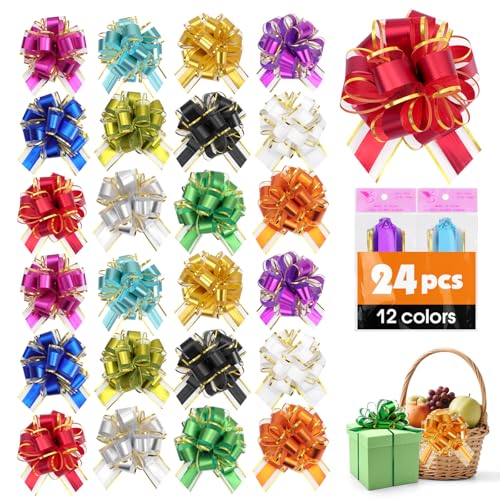 24 Pcs Pull Bows for Gift Baskets 12 Color 6 Inch Large Gift Bows for Wrapping Organza Phnom Penh Gift Wrap Bows for Presents&Crafts Pull Ribbon Gift Bows for Wedding Party Christmas Thanksgiving.