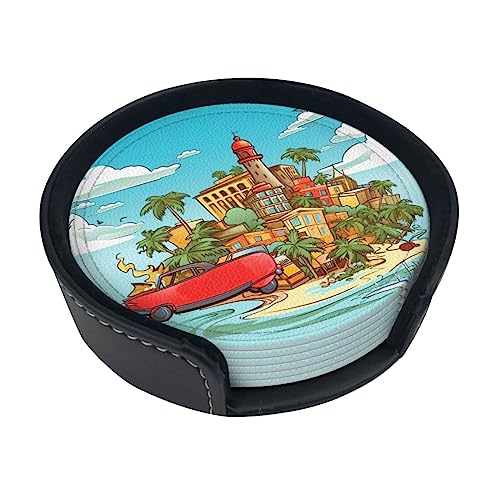 Dessous de Verre Lot de 6 sous-Verres en Cuir imprimé île de Cuba avec Support pour Tasse à café en Verre