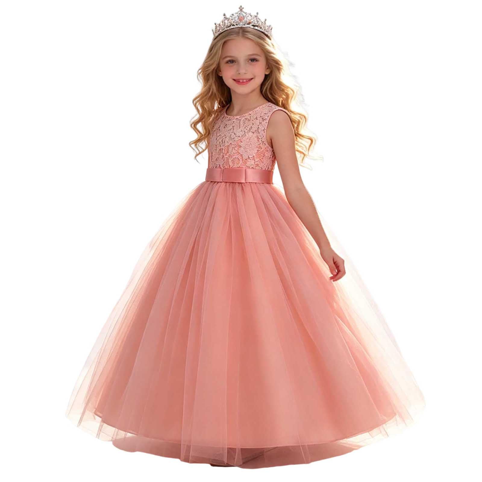 Girls Prom Dress Lace Bodice Tulle Maxi Dress Kids Sleeveless Satin Waist Princess Gown Elegant Style Fancy Dresses Wedding Pageant Birthday Party Formal Wear 5 Years Pink