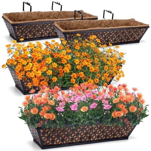 GOIMGN 24 Inch Window Box Planters Outdoor,Deck Railing Planter Boxes with Coco Liner,Metal Hanging Window Flower Boxes for Balcony Fence Porch Garden Railing