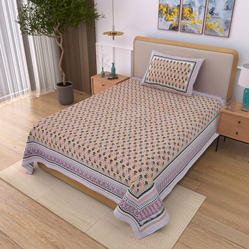 Image of 100% Cotton Single Bedsheet with 1 Pillow Cover | 240 TC Pure Cotton Flat Bed Sheet | Traditional Jaipuri Printed Bedding Set | Soft & Breathable | 60 x 90 Inch (Rangmahal Single 19)
