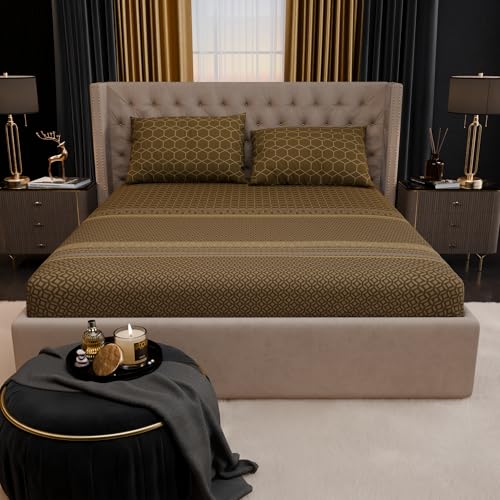 Image of Stoa Paris 100% Bamboo Cotton King Size Fitted Bedsheet with 2 Pillow Covers, 200TC Printed Bed Set, Breathable, All-Season Comfort, Home Decor, Imperial Grandeur -Sienna Pavilion(182cmx198cm+30cm)