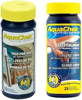 AquaChek Salt System Test Kit - for Pools and Spas - Salt Water Pool Test Strips for Sodium Chloride - Test Kit Includes Yellow 4-Way (25 Strips Each) and White Salt Test Strips (10 Strips Each)