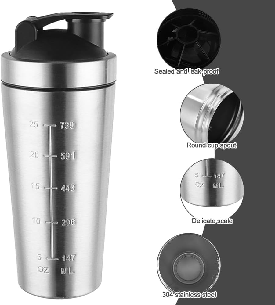 Shaker de protéines en acier inoxydable, 1000 ml, étanche avec boule mélangeur, sans BPA, large ouverture, échelle de mesure pour salle de sport et sport