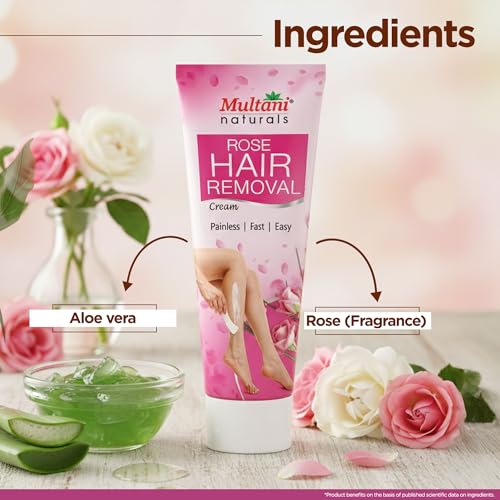 Image of Multani Naturals Rose Hair Removal Cream 60 ml (Pack of 2) | Removes Hair in Minutes | Gentle formula Enriched with Rose and Vitamin E | Painless, Easy, and Effective Hair Removal for Men and Women
