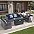 Super Patio 8 Pieces Outdoor Patio Furniture Set with 45” Fire Pit Table, Rattan Patio Conversation Sets with 50000 BTU Gas Fire Pit, Sectional Sofa Set with Storage Box, Navy Blue (Without Table)