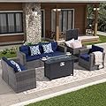 Super Patio 8 Pieces Outdoor Patio Furniture Set with 45” Fire Pit Table, Rattan Patio Conversation Sets with 50000 BTU Gas Fire Pit, Sectional Sofa Set with Storage Box, Navy Blue (Without Table)