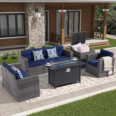 Super Patio 8 Pieces Outdoor Patio Furniture Set with 45” Fire Pit Table, Rattan Patio Conversation Sets with 50000 BTU Gas Fire Pit, Sectional Sofa Set with Storage Box, Navy Blue (Without Table)