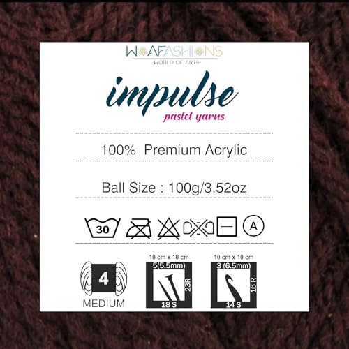 Image of WOAFashions Impulse Hand Knitting & Crochet Yarn, Premium Acrylic, 4 : Medium (Chocolate) (2x100gms / 3.5oz / 200mtr / 218yds)