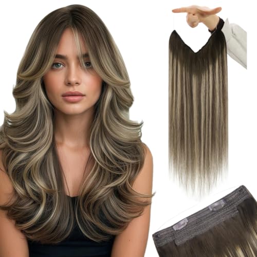 Image of Youngsee Wire Hair Extensions Brown Balayage, Wire Human Hair Extensions, Ombre Dark Brown with Ash Blonde, Invisible Fish Line Hair Extension Real Human Hair for Women 12Inch 75G