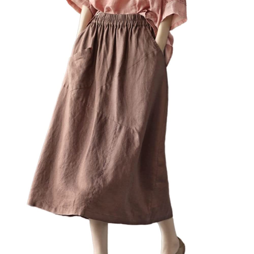 Röcke Damen,Midi-Rock Für Damen, Khaki, Elastische Taille, Retro-Leinen-Faltennähte, Rock Mit Tasche, A-Linie, Gerüscht, Einfarbig, Lässig, Langer Rock Für Mädchen, Damen, M