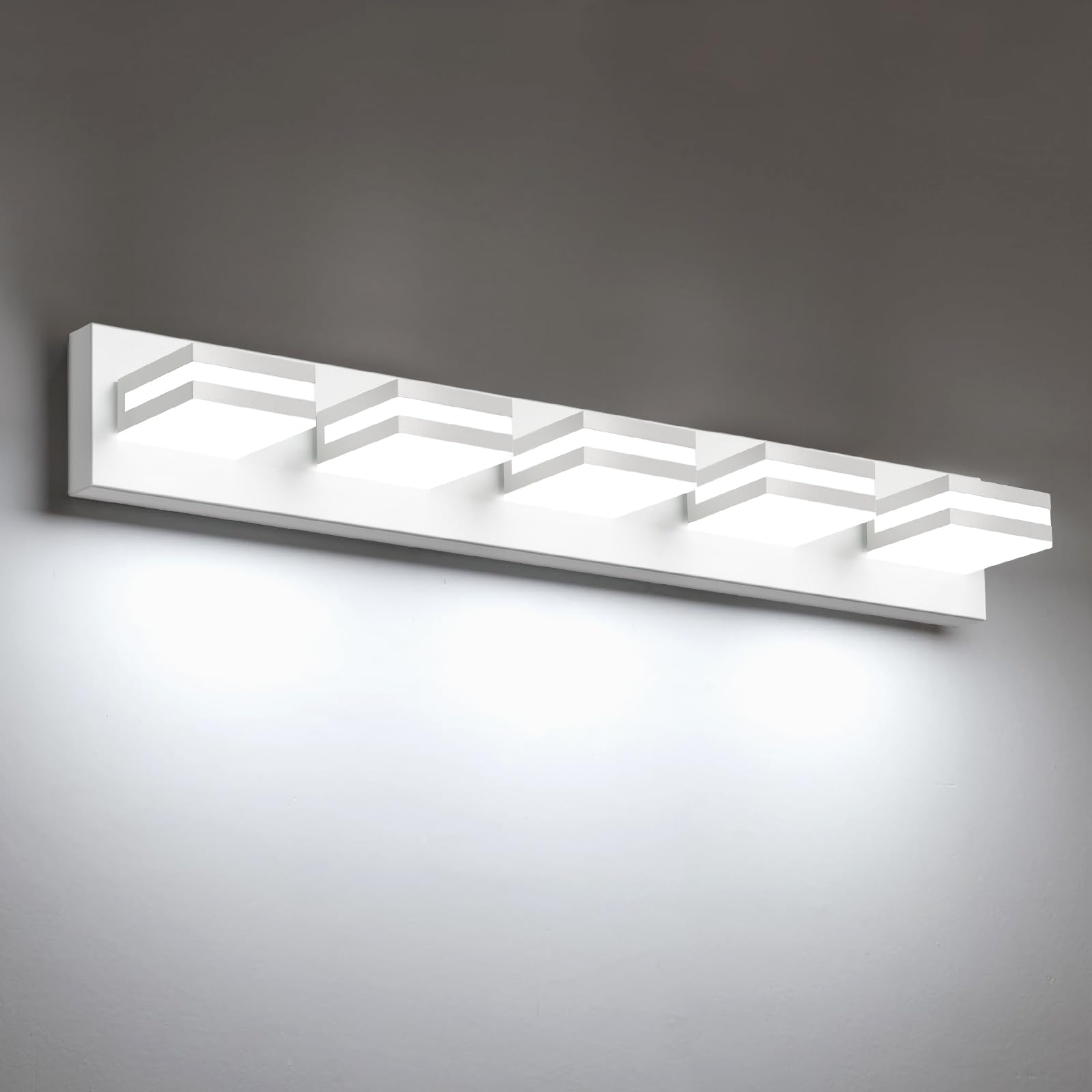 IZORRO LED Modern Bathroom Lights Fixtures(5-Light,Dimmable,360°Rotate),Matte White Acrylic Wall Lighting,Vanity Lights for Bathroom Over Mirror - 6000k 30In (No Assembly Required)
