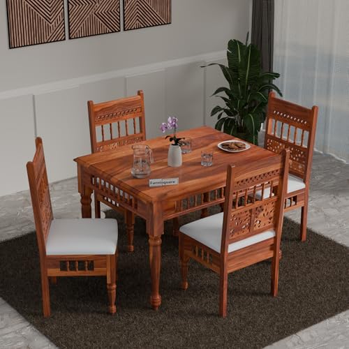 Image of Dining Table 4 Seater | Solid Sheesham Wood Four Seater Dinning Table Set with 4 Cushioned Chairs | Rectangular Dinner Table for Home, Kitchen & Living Room | Natural Finish