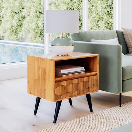 Image of Bme Georgina Solid Wood Nightstand With 1 Drawer & Open Shelf- Fully Assembled Mid Century Modern Side Table - Geometric Pattern Bedside Dresser for Bedroom and Living Room