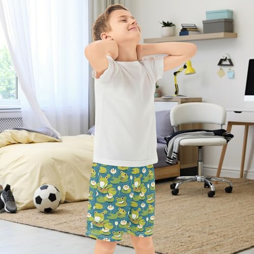 Boys Athletic Shorts with Pockets Cartoon Green Frog Running Basketball Shorts for Youth Elastic Waist Size 7-83