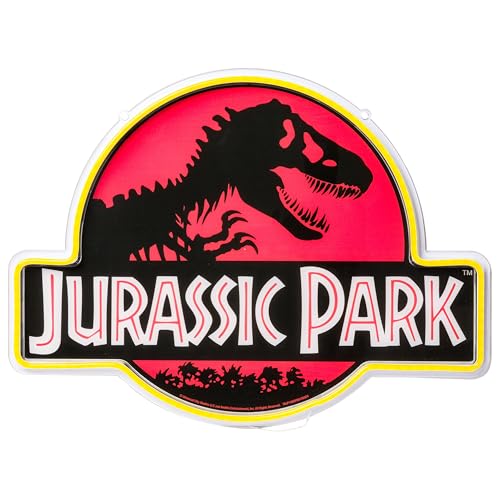 Image of Silver Buffalo Jurassic Park LED Neon Wall Art Die Cut 19 inch x .59 inch x 14 inch | Tyrannosaurus rex logo design, LED neon tube accents, Ready to display decor piece, Boxed presentation packaging