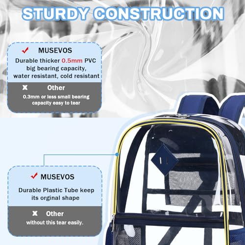 Image of MUSEVOS Clear Backpack, Heavy Duty See Through Book Bag for Work, Security, Concerts, College Transparent PVC bookback Stadium Approved, Navy Blue