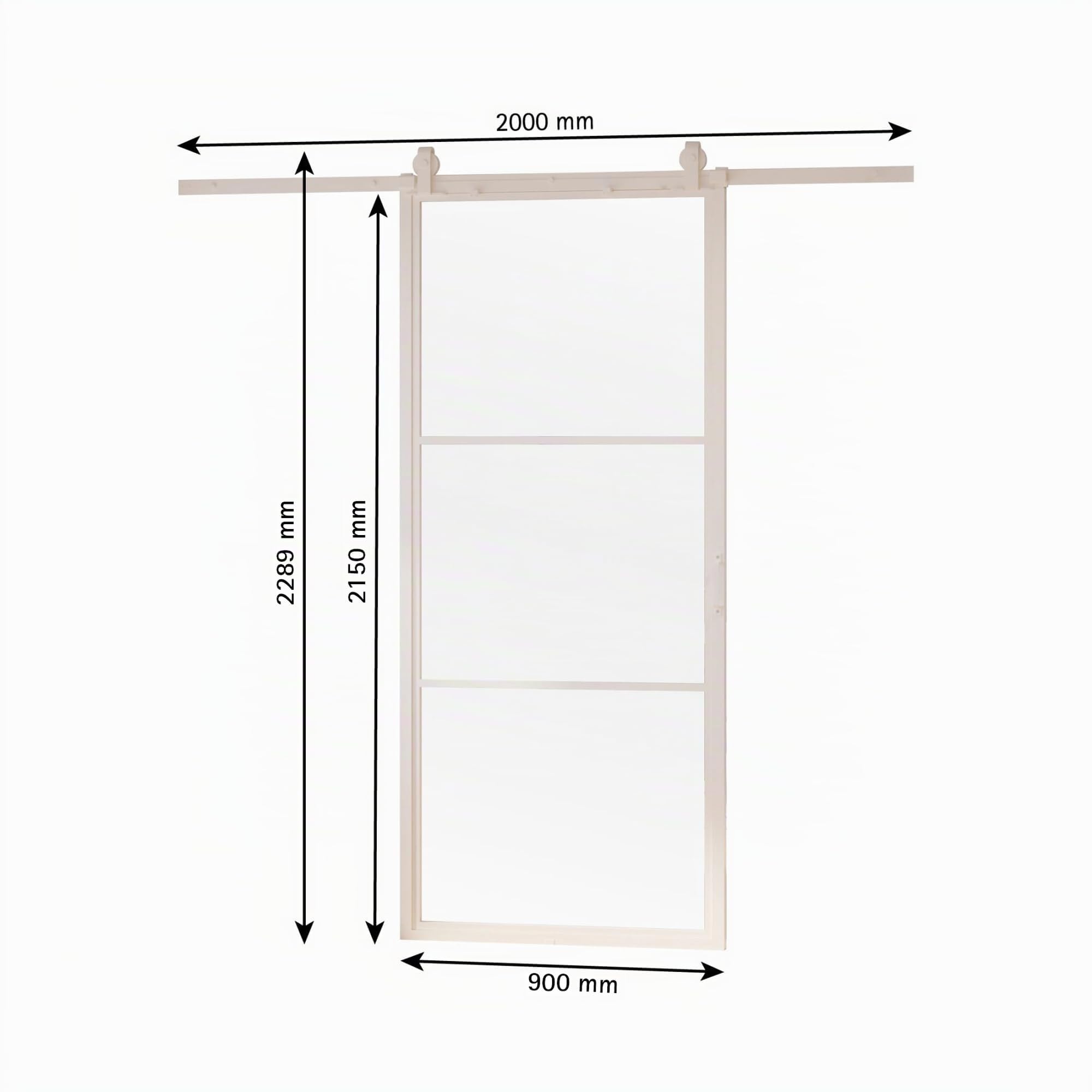 inova Glas-Schiebetür Komplettset klar 900x2150mm Industriestil weiß offene Laufschiene beidseitiger Softclose