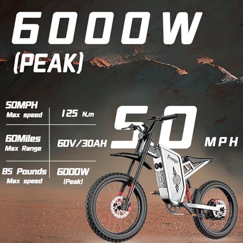 Image of Freego Electric Dirt Bike for Adults, X2 Pro Electric Motorcycle 6000W(Peak) Motor 1800wh Battery,7 Speed 50MPH Off Road Electric Bicycle,19x2 Tire Full Suspension Hydraulic Brake Half Throttle