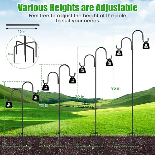 Image of 95 Inch Double Shepherds Hooks for Outdoor, Heavy Duty Bird Feeder Pole with 5 Prong Base for Hanging Lantern, Hummingbird Feeder, Lightweight Plant, Shepherd Hook for Bird Feeder for Outside, 2 Packs